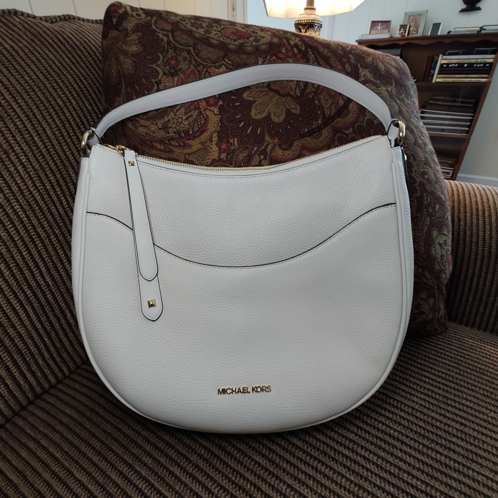 Stylish Michael Kors Dover Lg Leather Top Zip Half Moon Shoulder Bag Cream